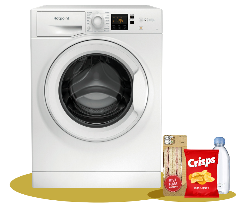 Washing Machine with a meal deal of sandwich , crisps and a drink